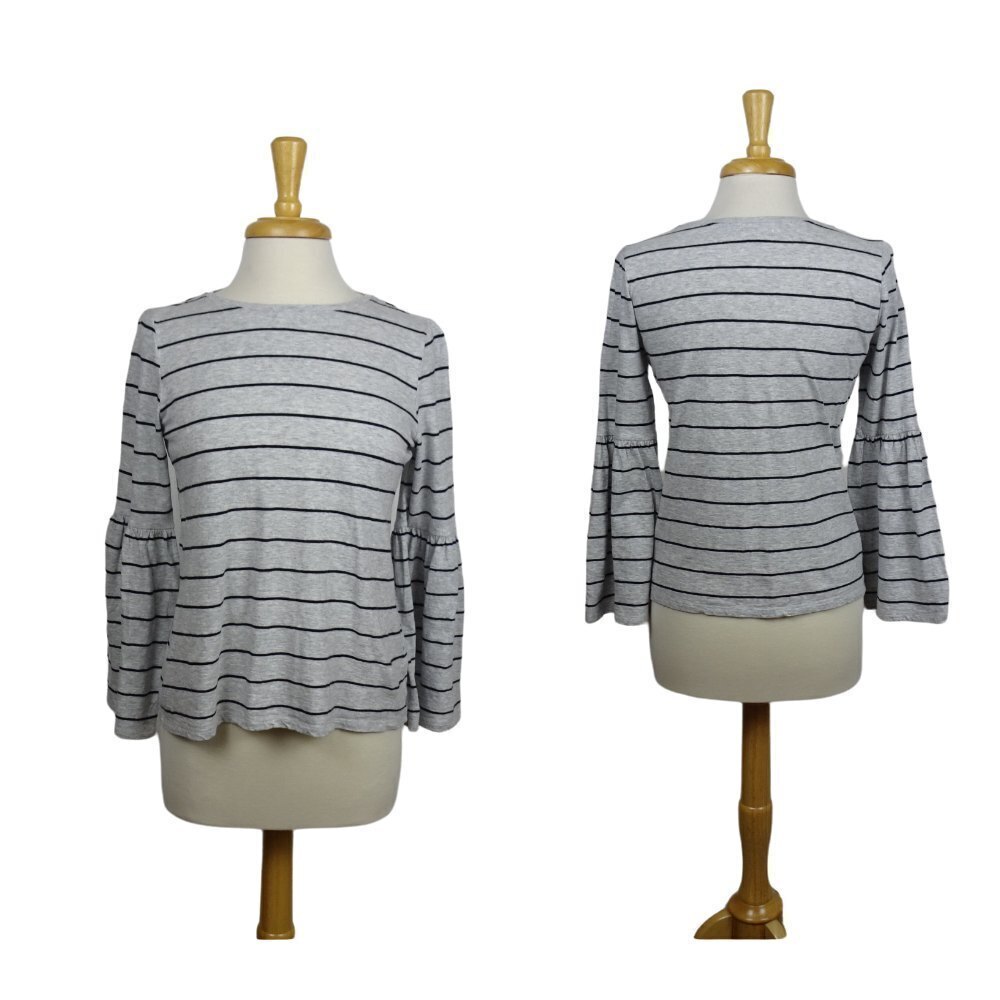 Tara By Vince Camuto Women's Striped Top Bell Sleeves Boatneck Preppy Gray XS